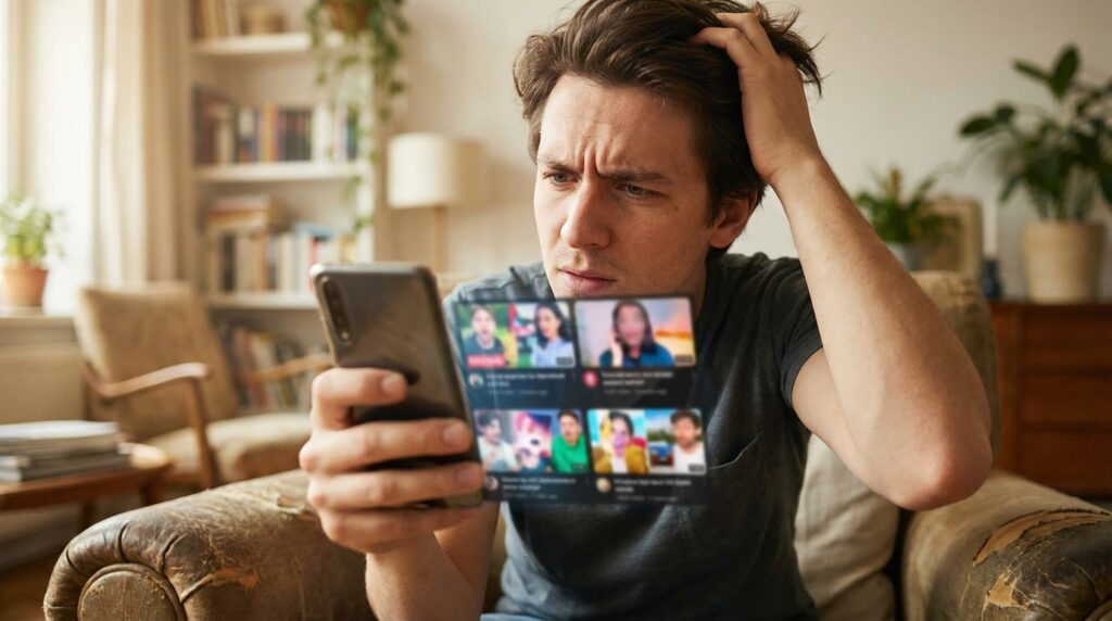 自宅で困惑した表情の男性が、スマートフォンから拡張されたホログラフィックスクリーンに表示された複数の動画サムネイルを見ている。