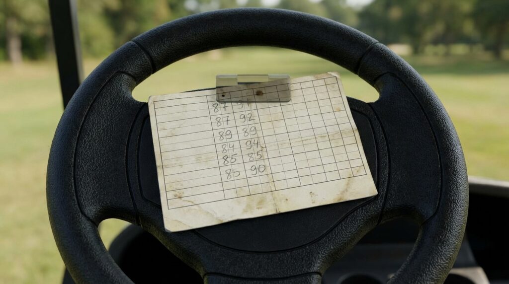 ゴルフカートのハンドルに、手書きのゴルフスコアが記されたスコアカードが置かれています。