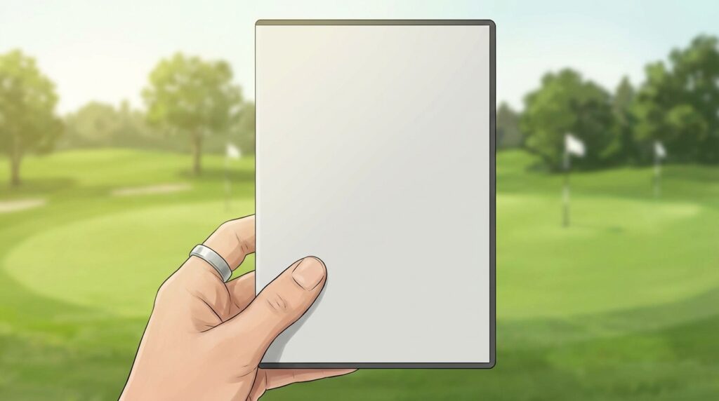 ぼかされたゴルフコースを背景に、指輪をはめた手が白い空白のパッケージを手に持っているイラスト。