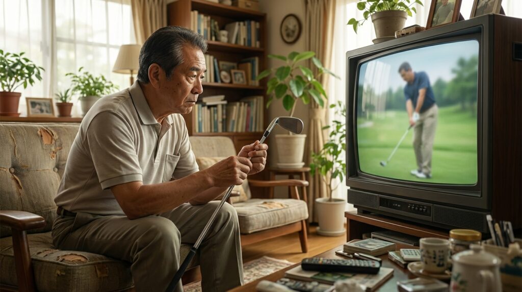 リビングのソファに座った高齢男性が、ゴルフクラブを手にテレビでゴルフ中継を見ている。