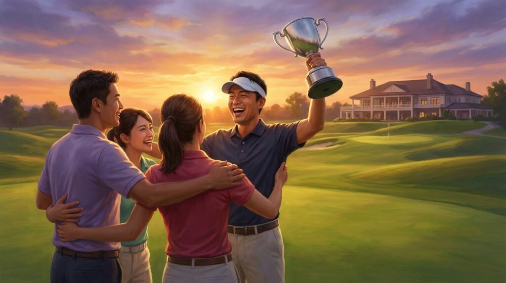 夕焼けのゴルフ場で、優勝カップを掲げて喜ぶ男性と、彼を囲んで祝福する３人の仲間たち。