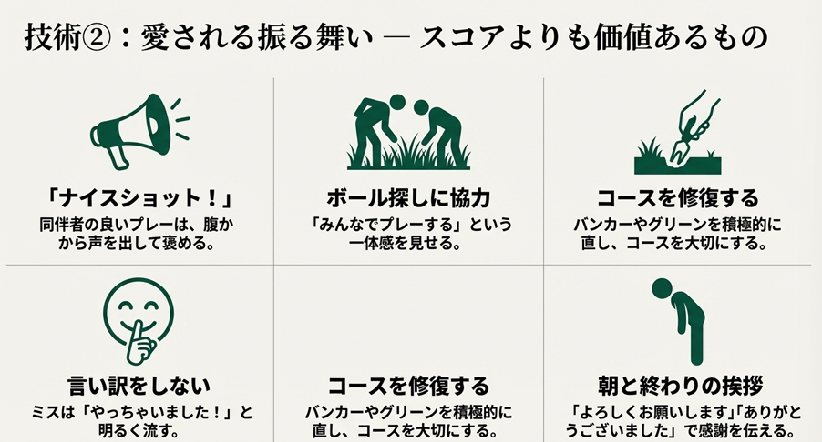 ゴルフコンペで愛される振る舞いの具体例（ナイスショット、ボール探し、コース修復など）
