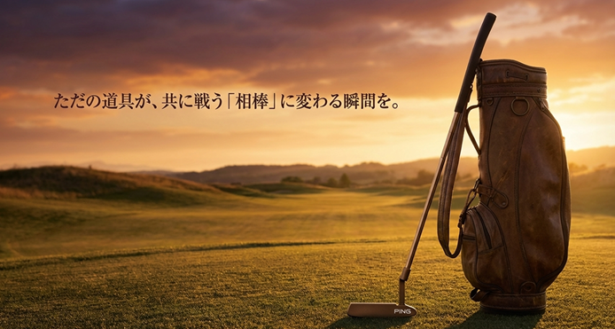 夕暮れのゴルフコースにあるPINGアンサーパターとキャディバッグ
