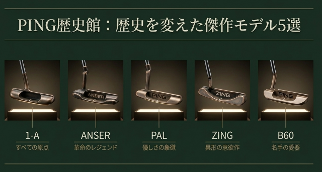 PINGの歴代名器パター5選（1-A, ANSER, PAL, ZING, B60）のラインナップ