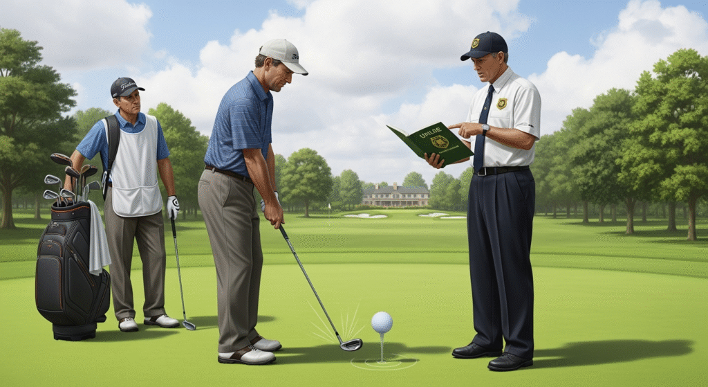 ゴルフコースで、審判がボールを打とうとするゴルファーにルールブックを指差して説明しており、キャディが後ろで見守っています。