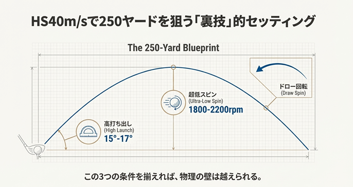 HS40m/sで250ヤード飛ばすための高打ち出し・低スピン・ドロー弾道の弾道イメージ図
