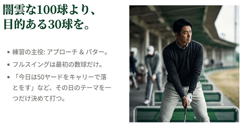 ゴルフ練習場で目的を持ってアプローチ練習をする男性 闇雲な100球より目的ある30球