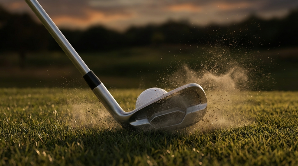 ゴルフクラブがゴルフボールを打つ瞬間のクローズアップで、芝と土が勢いよく飛び散っている。