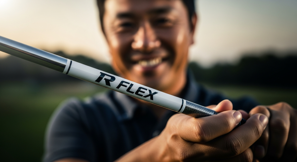 笑顔の男性が「R FLEX」と書かれたゴルフクラブのシャフトを両手で持ち、屋外にいる様子。