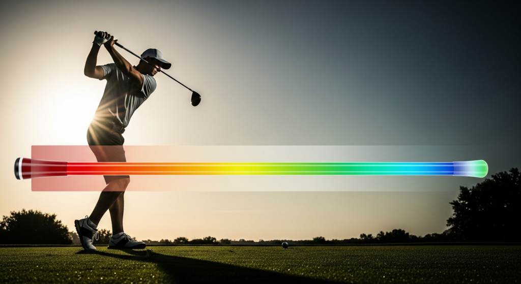 夕暮れのゴルフコースでゴルフスイングをする男性の姿に、赤から緑、青へとグラデーションするチューブ状の光が重なっています。