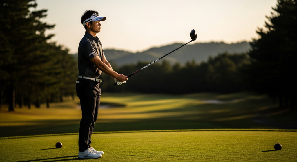 夕暮れのゴルフコースで、男性ゴルファーがティーグラウンドに立ち、ゴルフクラブを持って前方を見つめている。