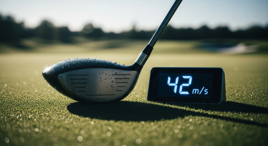 ゴルフコースの芝生の上に、水滴のついたゴルフクラブのヘッドと、「42 m/s」と表示されたデジタル速度計が置かれている様子。