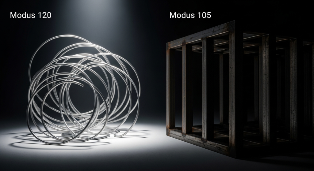 「Modus 120」と「Modus 105」のラベルが付けられた画像で、左側には明るい光に照らされた銀色のリングのオブジェが、右側には暗い金属製の四角いフレームが配置されています。