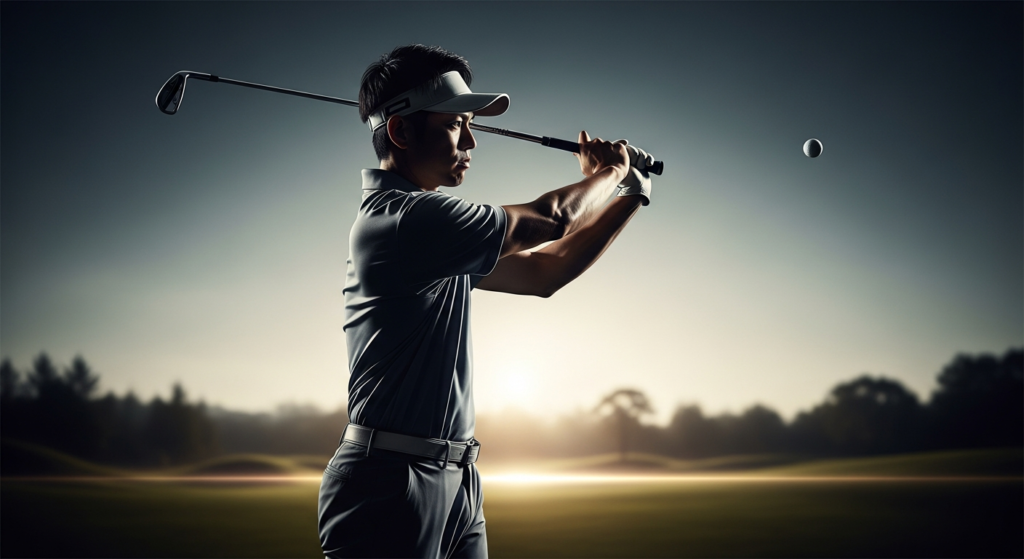 夕暮れのゴルフコースで、空中にゴルフボールが浮かぶ中、ゴルフクラブを振り抜く男性ゴルファーの姿が写っています。