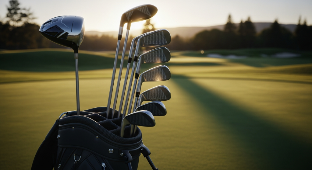 夕焼けが差し込むゴルフコースに、ドライバーやアイアンなど複数のゴルフクラブが収められたゴルフバッグが置かれています。