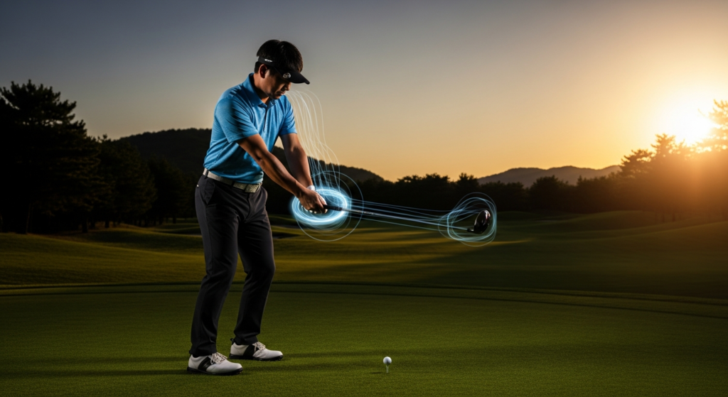 水色のポロシャツを着た男性が、緑豊かな屋外でグラフや表が表示されたタブレットを操作しています。