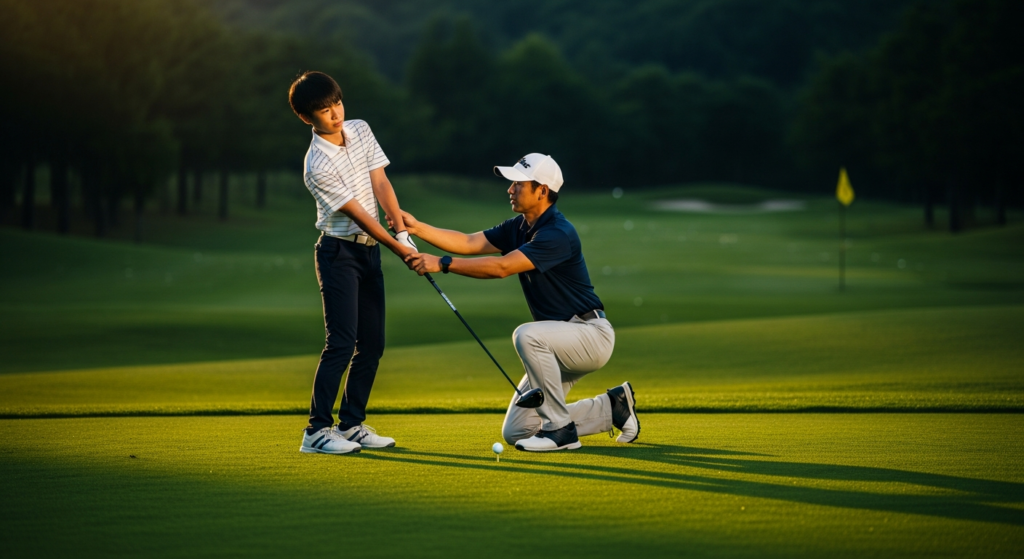 夕暮れのゴルフコースで、大人の男性が少年にゴルフのグリップを指導しています。