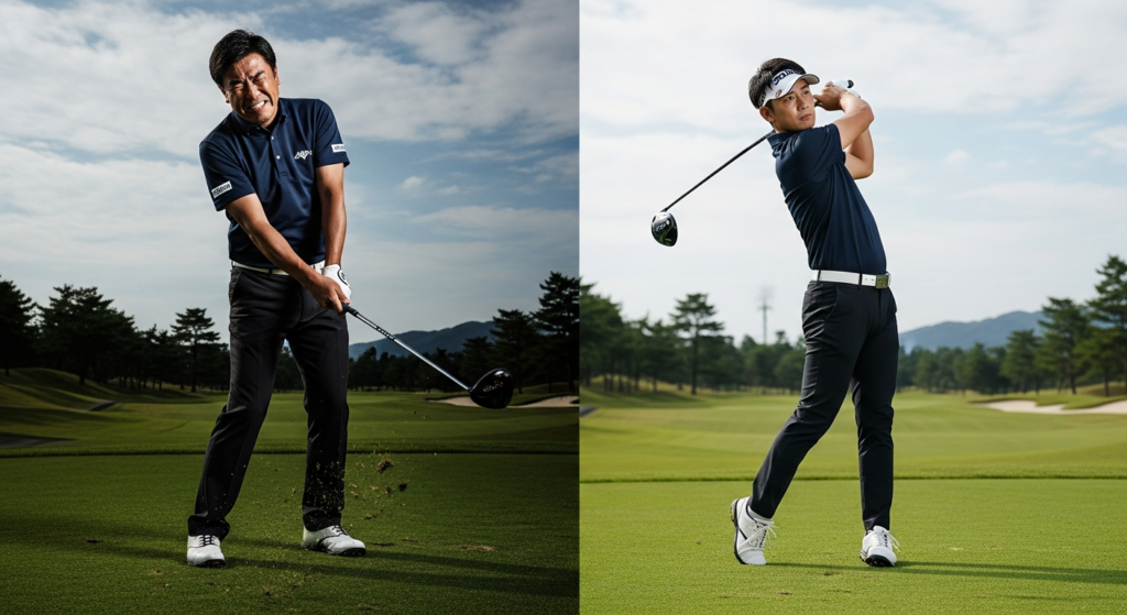 左右に並んだゴルフスイングの写真で、左は顔をしかめて力むゴルファーが、右は美しいフォームのゴルファーがドライバーを振っており、どちらもクラブヘッドが飛び去っている。