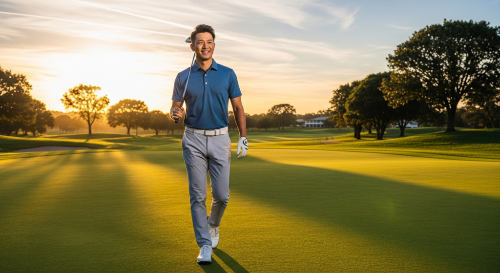 クラブを肩にかけ、笑顔で夕日の美しいゴルフコースを歩く若い男性ゴルファー。