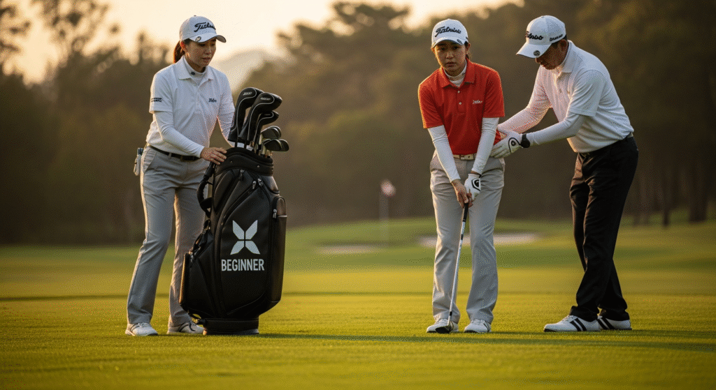 ゴルフコースで、男性インストラクターが女性ゴルファーにゴルフの打ち方を指導しており、もう一人の女性が「BEGINNER」と書かれたゴルフバッグの傍に立っています。