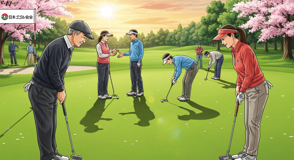 桜が咲く晴れたゴルフ場で、複数のゴルファーがパッティングを楽しんでおり、日本ゴルフ協会の旗が立っています。