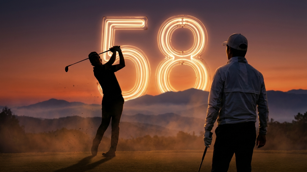 夕暮れのゴルフコースで、クラブをスイングするゴルファーと、その様子を見守る別のゴルファーが、空に浮かぶ大きく光る「58」の数字を背景に立っています。