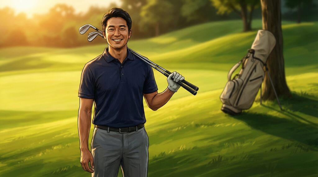 笑顔の男性ゴルファーが、緑豊かなゴルフコースでゴルフクラブを肩に担いで立っている。