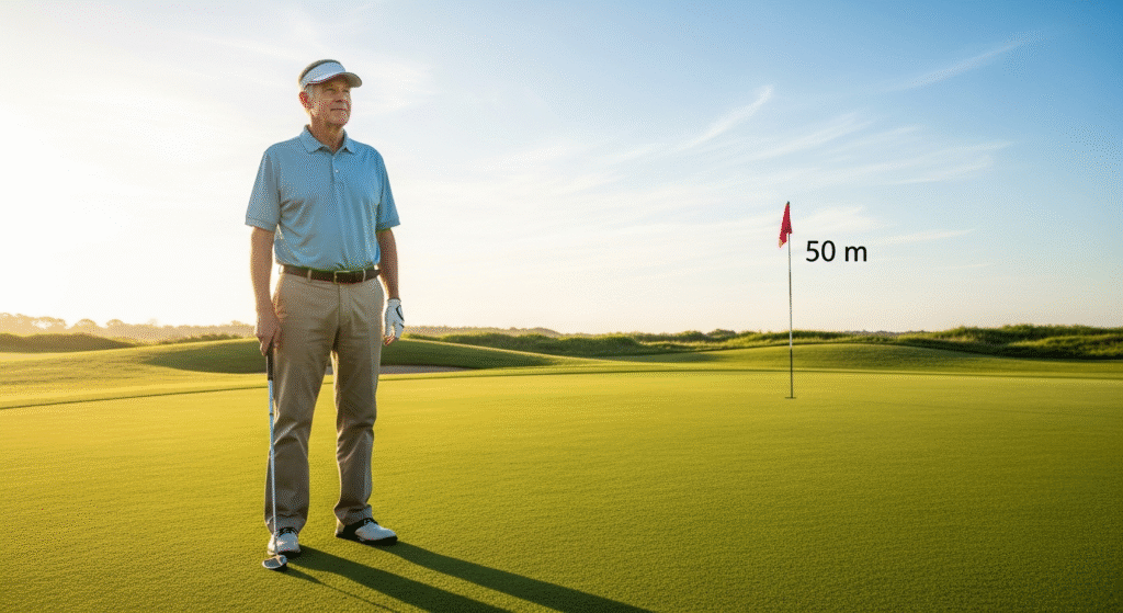 明るいゴルフコースで、ゴルフクラブを持った中高年の男性ゴルファーが、50メートル先のピンに向かって立っています。