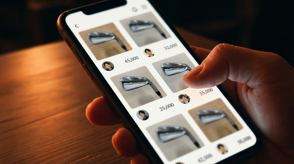 人物がスマートフォンを持ち、画面に表示された価格とプロフィール付きのゴルフアイアンの商品一覧を指で操作している。