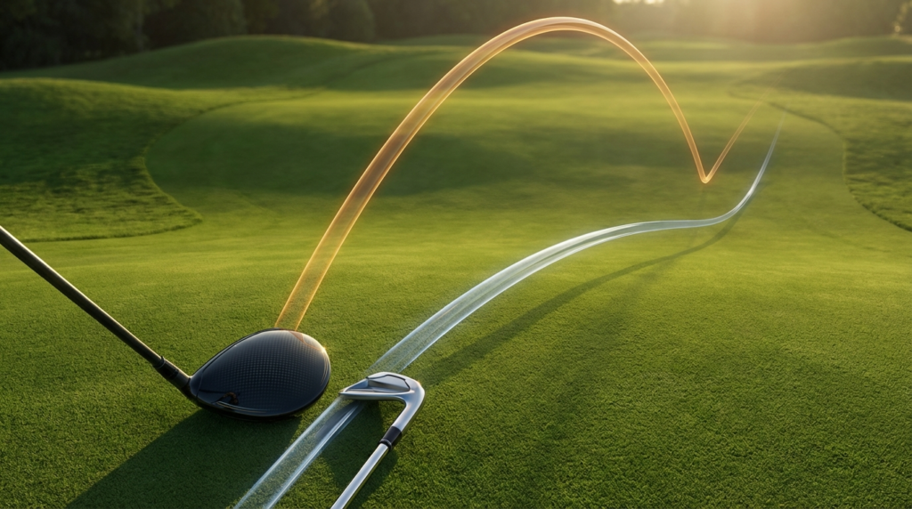 夕日の当たるゴルフコースで、ドライバーからは空中に弧を描くオレンジ色の軌跡が、アイアンからは芝生に沿って白い軌跡が伸びている。