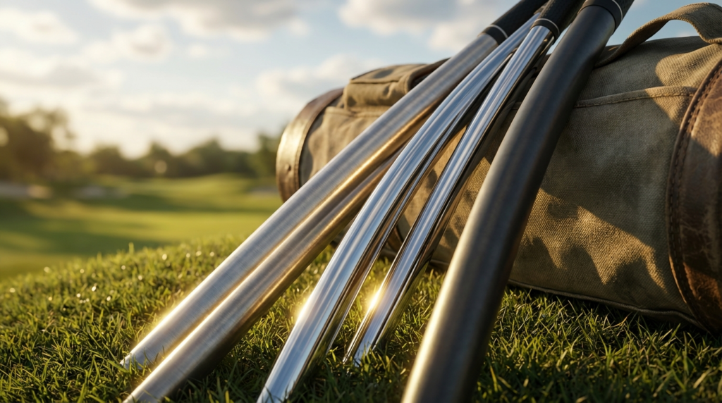緑のゴルフコースを背景に、夕日が反射して輝く数本のゴルフクラブのシャフトが、芝生に置かれたゴルフバッグにもたれかかっています。