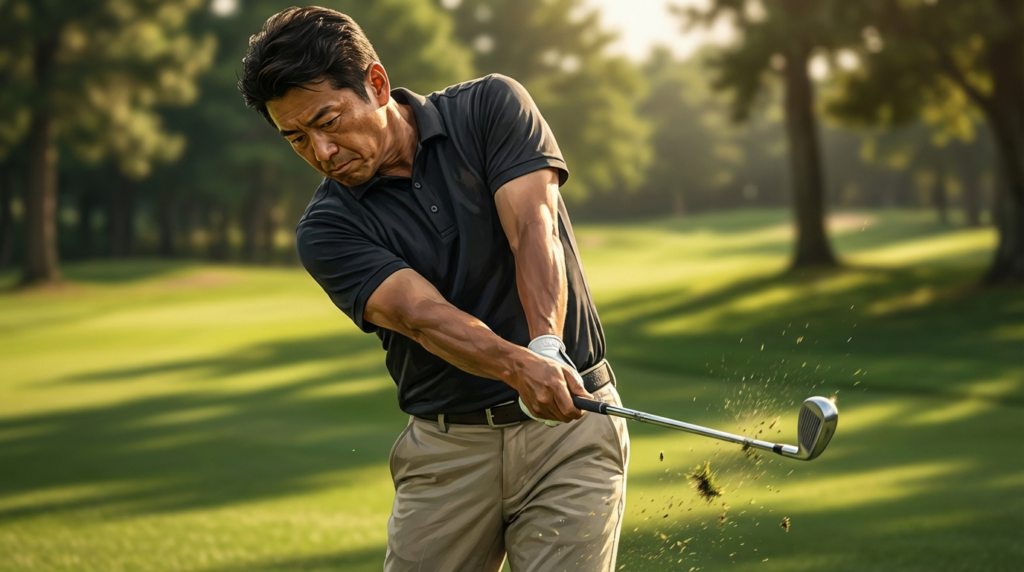 ゴルフコースで、男性が力強くゴルフクラブをスイングし、芝が飛び散っている。