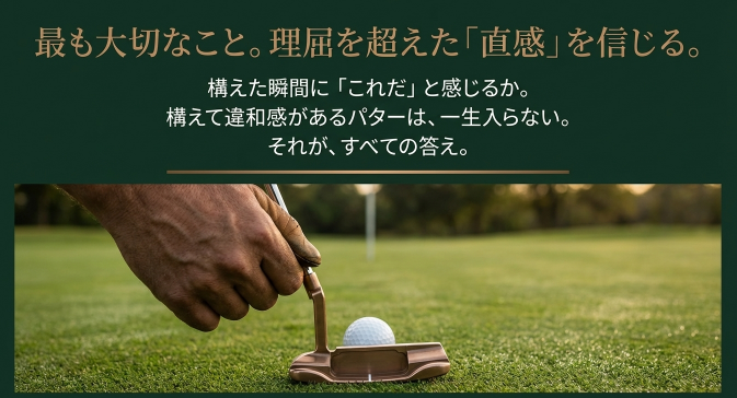 ゴルファーがパターを構えた瞬間の手元と直感を信じるというメッセージ