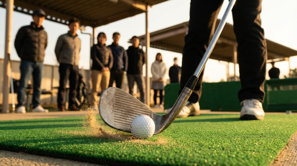 夕暮れのゴルフ練習場で、ゴルフクラブがゴルフボールを打つ瞬間に砂が舞い、奥にはぼやけた人々が写っている。