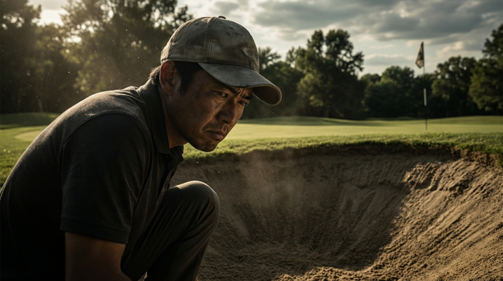 ゴルフコースのバンカーで、真剣な表情の男性がしゃがんでいる様子。
