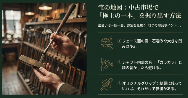 中古ゴルフショップでパターの傷やグリップの状態を検品する様子