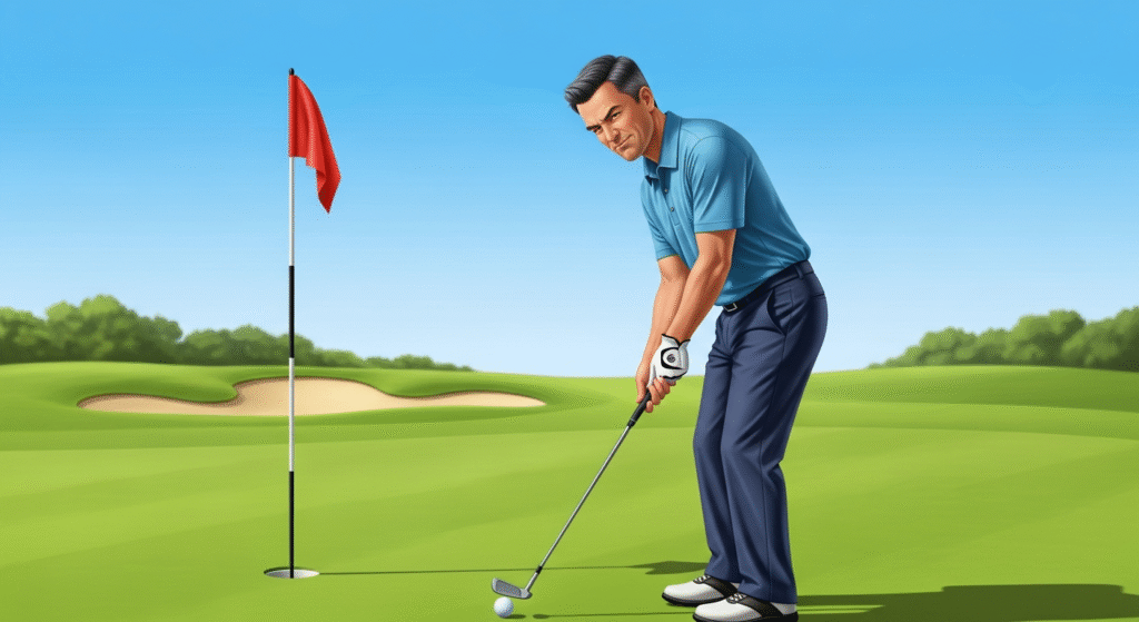 ゴルフコースのグリーン上で、男性が渋い表情でゴルフボールをパットしようとしているイラスト。