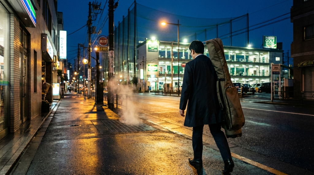 夜の濡れた日本の街を、楽器ケースを肩にかけたスーツ姿の男性が歩いている。