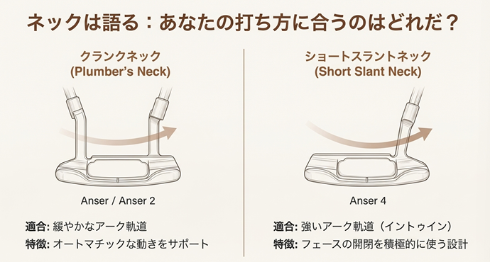 アンサーのクランクネックとアンサー4のショートスラントネックの形状比較
