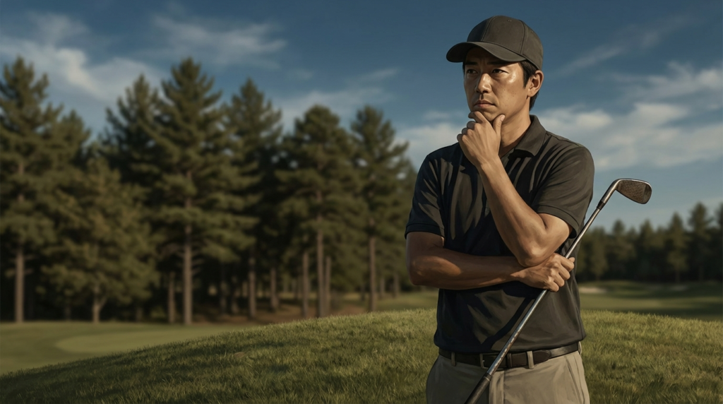 ゴルフコースで、ゴルフクラブを抱え、顎に手を当てて思案しているアジア人男性。