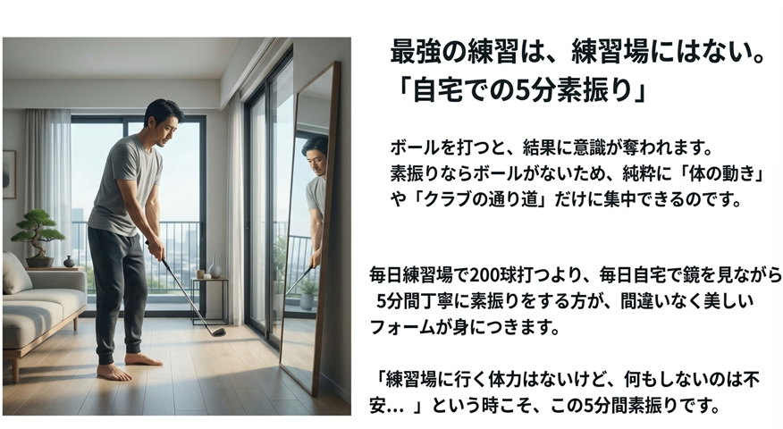 最強の練習は練習場にはない。自宅での5分素振り