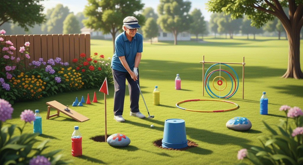 芝生の広がる屋外で、年配の女性が手作りのカラフルなミニゴルフコースでゴルフを楽しんでいる。