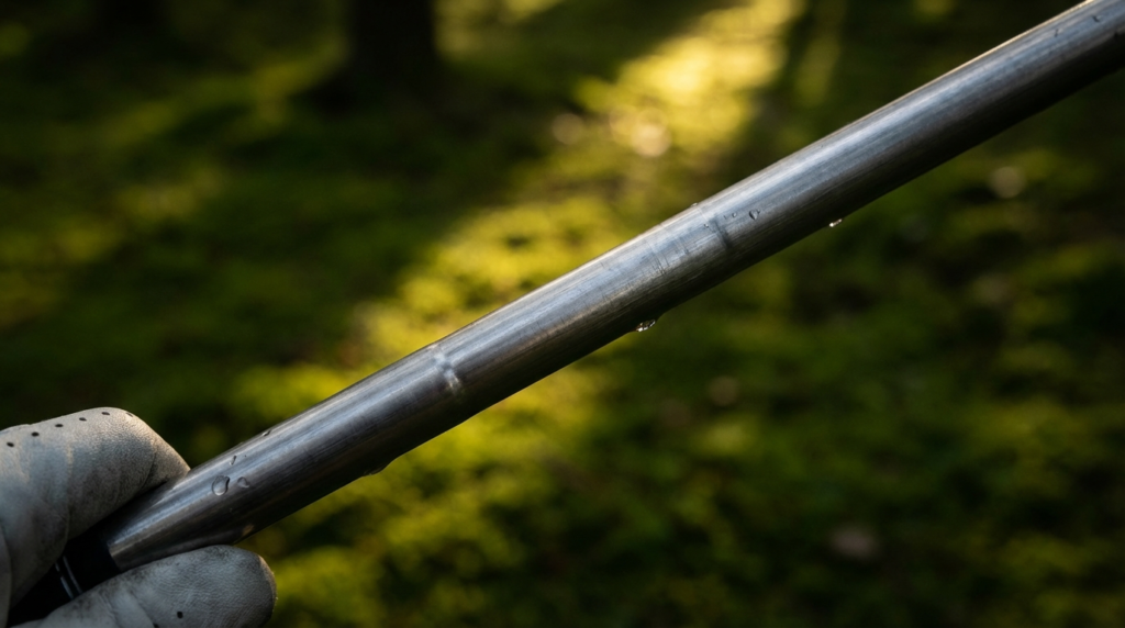 グローブをはめた手が水滴のついたゴルフシャフトを握っており、背景にはぼやけた緑の景色が広がっています。
