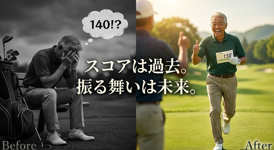 スコアに悩む姿から笑顔でプレーする姿へのビフォーアフターイメージ