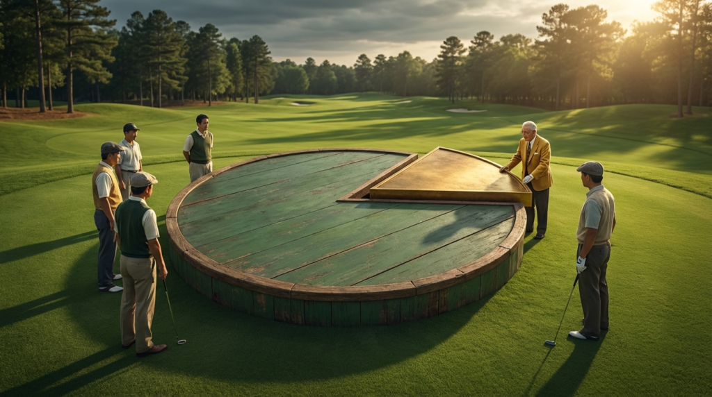 ゴルフコースのグリーン上で、複数の男性ゴルファーが、一部が持ち上がって金色になった円グラフの台座を囲んで見ている。
