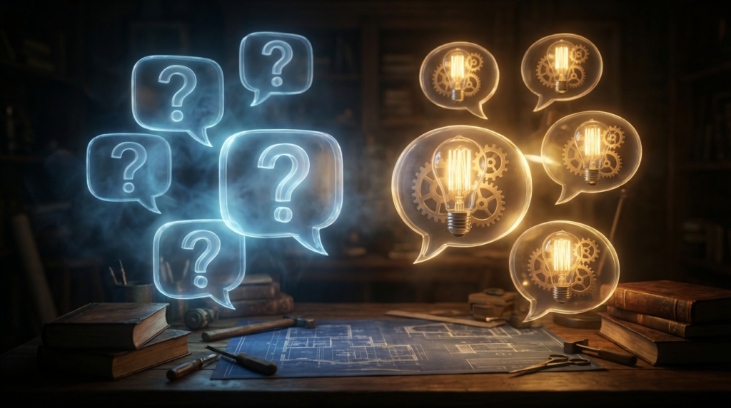 疑問とアイデアを象徴する画像で、暗い作業台の上には左側に青く光る疑問符の吹き出しが、右側には黄色く輝く電球と歯車の吹き出しが浮かんでいます。