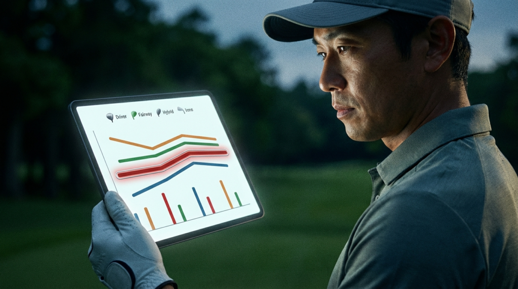 ゴルフコースにいる男性ゴルファーが、ドライバーやアイアンなどクラブ別のパフォーマンスデータがハイライト表示されたタブレットを真剣に見つめている。
