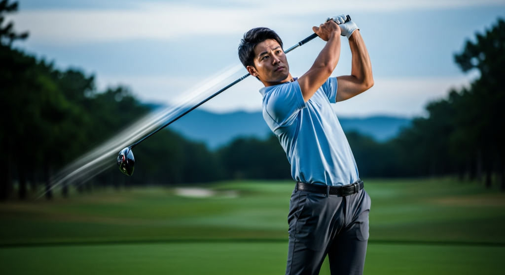 ゴルフコースで、ゴルフクラブの軌跡が光の線で描かれた力強いスイング中の男性ゴルファーです。