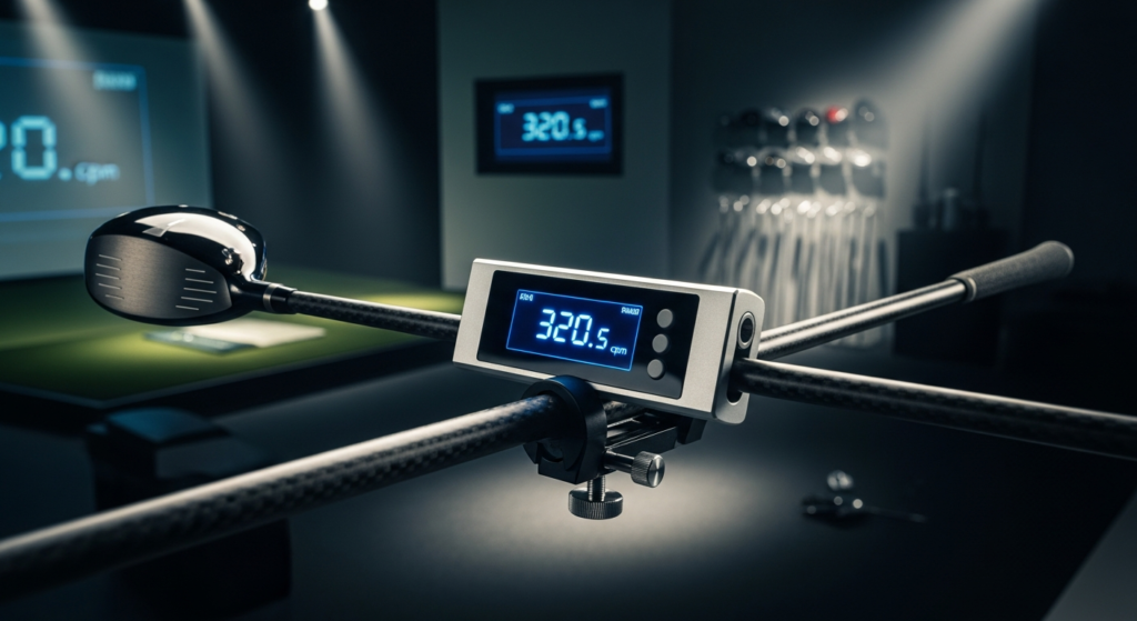 スポットライトに照らされたゴルフシミュレーターで、ドライバーに設置されたデジタル表示器が「320.5 cpm」を示しています。