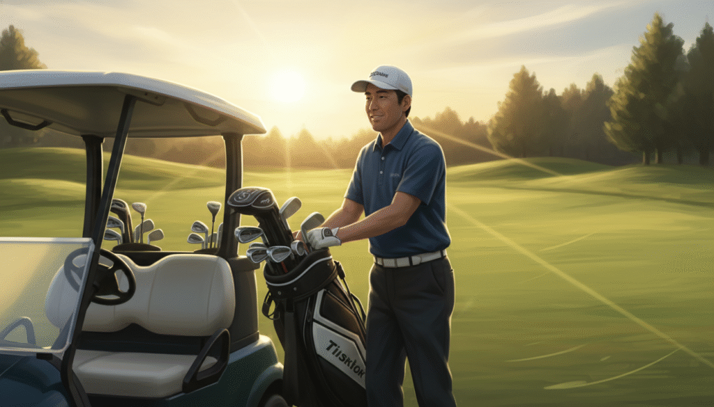 夕焼けが差し込むゴルフコースで、ゴルフカートとゴルフバッグの横に笑顔で立つ男性ゴルファー。